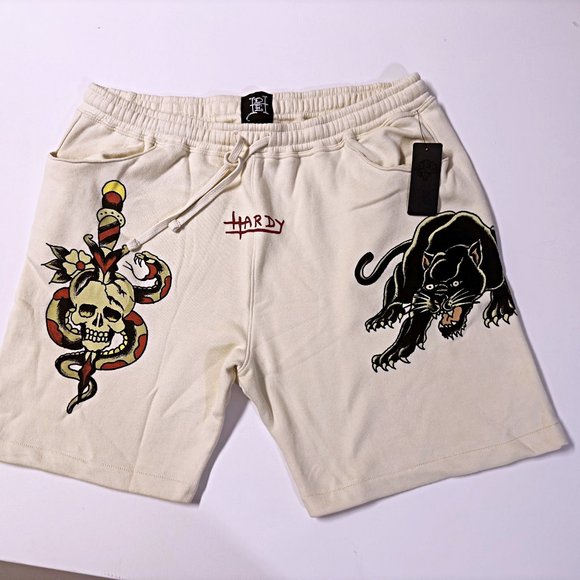 NWT Ed Hardy Mens Shorts M L XL  Fleece Sweats Graphic Tiger Drawstring Cream - Picture 1 of 7